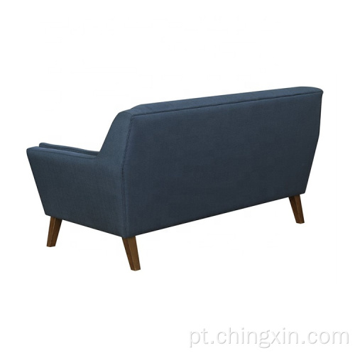 Sofá de lazer de tecido azul com pernas de madeira maciça